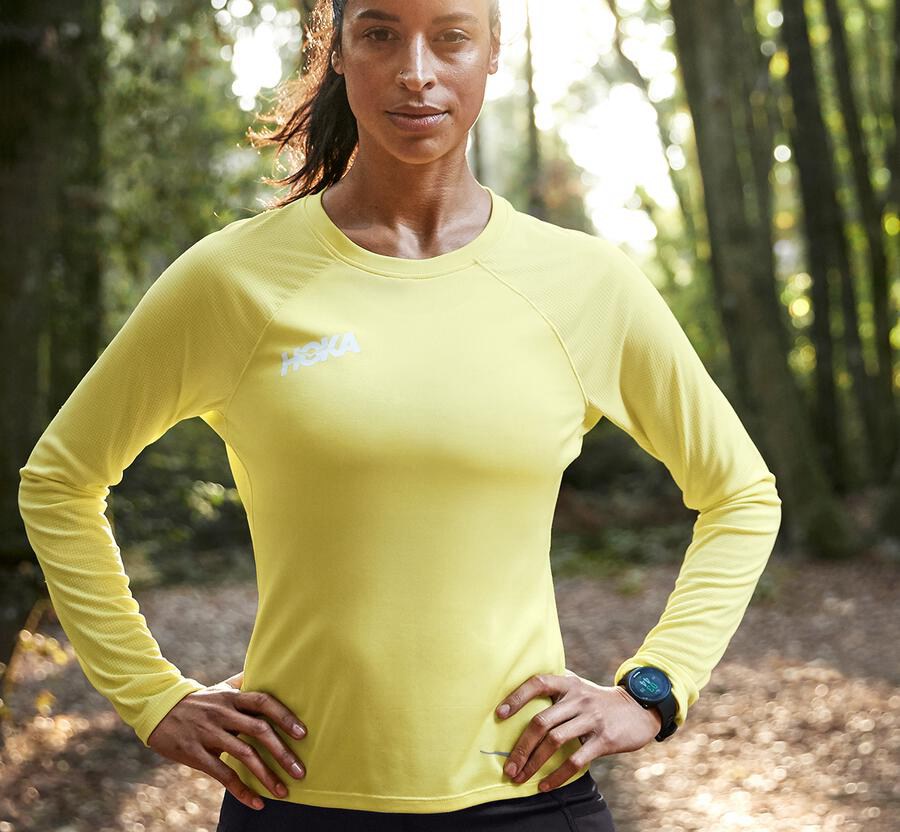 Top Hoka One One Mujer - Performance Largos Sleeve - Amarillo - BCT648573